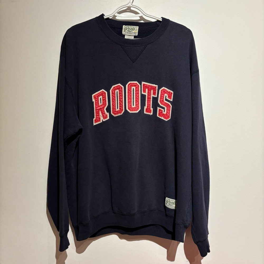 1980s Vintage Roots Stitched Navy Blue Sweater Logo Large